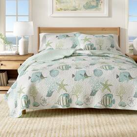 Ec700759 Great Bay Home Coastal Quilt Summer 3-piece Set Fish And Coral Blue Full / Queen