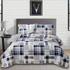 Green Essen 744759646873 Blue White Brown Plaid Quilt Set King Size Reversible Patchwork Beds
