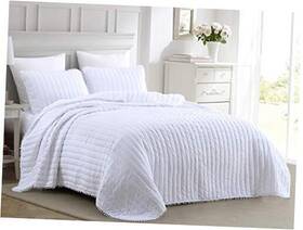 Green Living Group 840079128188 Iris 2-piece Pom Quilt Set - Ball Fringe Channel Stitch Quilted Twin White