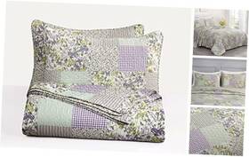 Green Living Group 840079141965 Daisy 3-piece Printed Patchwork Quilt Set - Queen Purple Botanical Garden