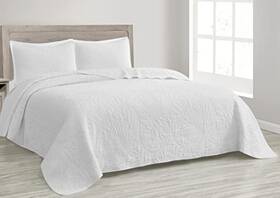 Green Living Group 840079143969 Linden 3-piece Pre-washed Cotton Bedspread Coverlet Queen White Floral Leaves
