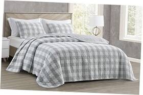 Green Living Group 840079148872 3-piece Gray White Plaid Cotton Quilt Set - Buffalo Check Queen Gray/white