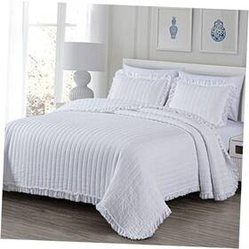 Green Living Group 840079153791 Bonnie 3-piece 100% Cotton Quilt Set Size Queen Double Frayed Ruffled White
