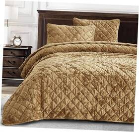Green Living Group 840079162205 Lux Velvet Quilt Set 3-piece Lush Plush Distressed Queen Caramel Gold