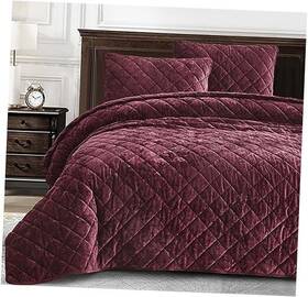 Green Living Group 840079162229 Lux Velvet Quilt Set 3-piece Lush Plush Distressed Queen Burgundy