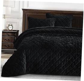 Green Living Group 840079162243 Lux Velvet Quilt Set 3-piece Lush Plush Distressed Bedding Queen Black
