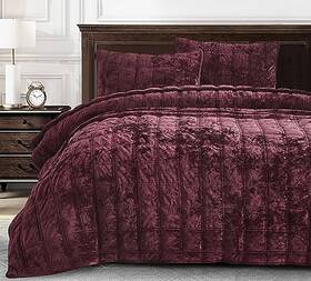 Green Living Group 840079162380 Piers Burgundy Velvet Quilt Queen Set 3-piece Lush Plush Distressed