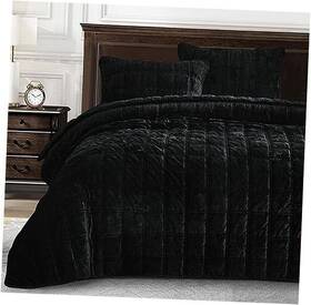 Green Living Group 840079162410 Piers Black Velvet Quilt Set 3-piece Lush Plush King Double Box Stitch
