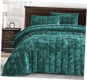 Green Living Group 840079162434 Piers Emerald Velvet Quilt Set 3 King Double Box Stitch