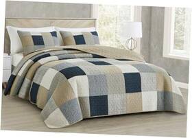 Green Living Group 840079162939 Samuel 3-piece Navy Blue White Gray Taupe King Plaid Square Patchwork
