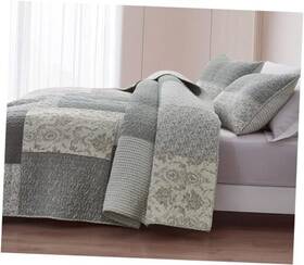 Green Living Group 840079176288 Cooper 3-piece Muted Gray White Ivory Queen Floral Plaid Patchwork