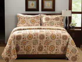 Greenland 636047308221 Andorra 3pc King Quilt Set Cotton Mocha Brown Red Medallion Boho Mandala