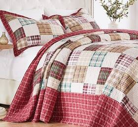 Greenland 636047442079 Xxl Country Red 3pc King / Cal Bedspread Set Farmhouse Oxford Plaid Christmas