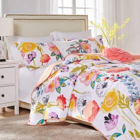Greenland Home 636047333872 Watercolor Dream 100% Cotton Modern Floral Quilt Set With Deco