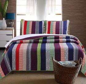Greenland Home Fashions 636047344328 3 Piece Marley Quilt Set King Purple Blue Red Green Stripe