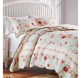 Gl-2210amsq Greenland Home Fashions Antique Rose Floral Pinstripe Quilt Set 3-piece Full/queen Blue