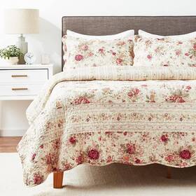 Gl-wb0726msk Greenland Home Fashions Antique Rose King Quilt Set Ecru 3 Piece