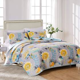 Gl-1908cmsq Greenland Home Watercolor Dream 100% Cotton Quilt Set Gray 3-piece Full/queen
