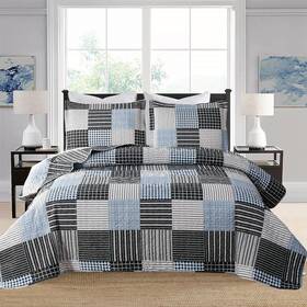 Hailea 192408489201 Plaid Patchwork Quilt Set King Size Black Blue Buffalo Check Bedding Lightwei