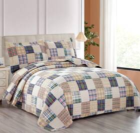 Hailea 192408491754 Beige Plaid Quilt Set Full/queen Country Patchwork Bedding Lightweight