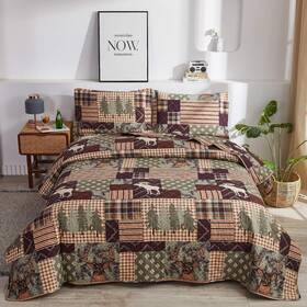 Hailea 192408644327 Lodge Bedding Set King Size Rustic Cabin Quilt Moose Bear Bedspread Coverlet