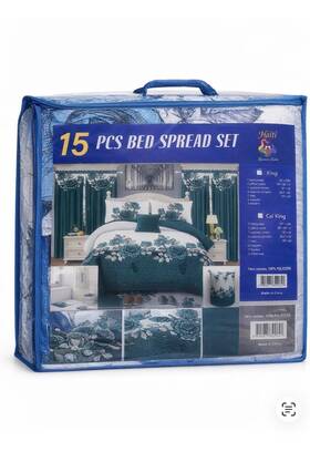 053491 Haiti 15 Pcs Bedspread Set King/cal King Floral Teal White 100% Polyester