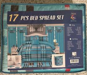 Ca45257 Haiti Djanane Fabric 17 Pcs King Bedspread Set Blue Plaid 100% Polyester Bedding