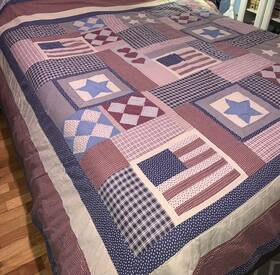 Q214 Handmade Americana Country Quilt 95 Inch X84 Flag Heart Stars Burgundy Tan Navy