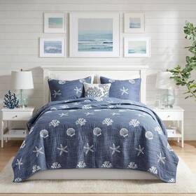 Hh13-1835 Harbor House Seaside 4-piece Navy Cotton Full/queen Reversible Embroidered Quilt Set With