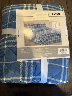 Rn-75925 Harper Lane Twin Reversible Plaid Quilt Set Blue Quilted 100% Polyester