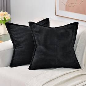Ha-bz003 Haussy Black 2 Pack 18x18 Inch Corduroy Decorative Throw Pillow Covers Boho N