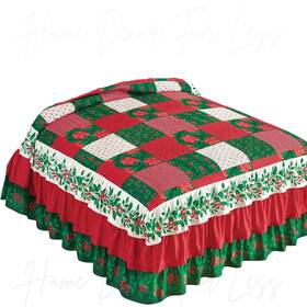 72793 Hdfl Christmas Poinsettia Mistletoe Patchwork Triple Ruffle Bedspread Set Shams Full