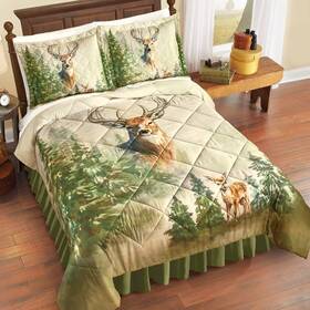 72798 Hdfl 3-pc Rustic Deer Hunting Woodland Wildlife Comforter Bedspread Set With Sham F/q