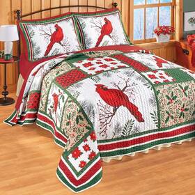 75498 Hdfl 3-pc Beautiful Holiday Red Cardinal Oversized Patchwork Quilt Set With Shams King