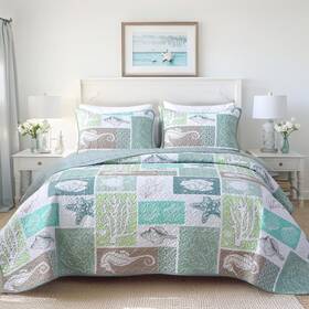 Heymybed 702103227284 Coastal Quilt Set King Size Beach Coverlet Sage Green Starfish Coral Seashel