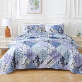 Heymybed 716151857935 Patchwork Boho Quilt Set Queen Size 3 Pieces Blue Coverlet Reversible Bedspre