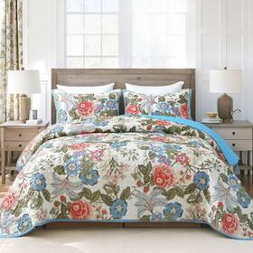J456 Heymybed Blue Floral Summer Quilt King Size - 3 Piece Microfiber Lightweight Bedspreads K