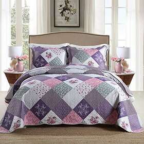 Homcosan 791545363117 Quilt Bedspreads Sets King Size 96x108 Inches Reversible Purple Floral Pat