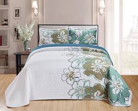Home Collection 665752490396 Quilt Bedspread Set Over Size Flowers Printed White Teel Gree