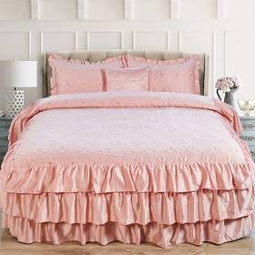 Home Soft Things 714833863915 4 Piece Matte Satin Ruffle Quilted Bedspread Set Queen Pink