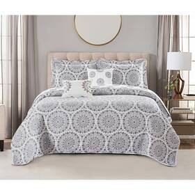 Home Soft Things 731717916116 Serenta Medallion 5-piece Reversible Quilt Comforter Set Light Grey 102 Inch X 90 1
