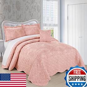 B017wuqnvu Home Soft Things Damask 4 Piece Bedspread Set Scalloped Edge Reversible Quilt