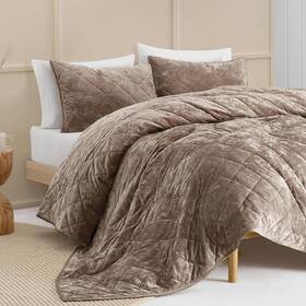 W21020-ki-lbr Home Textile Velvet Quilt King Size Stitch Bedding Set Light Brown Diamond Stitched Lightwei