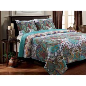 Homepacific 601818756815 Twin Size 3-piece Cotton Quilt Set In Teal Multi-color Paisley Pattern
