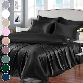 Bls211109-0027 Homiest 7pcs Satin Sheets Queen Size Bed Set - Black Luxury Silky Beddi