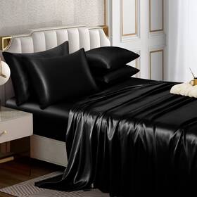 Qj210621-015 Horbaunal 6 Piece Satin Sheet Set Queen Size Luxury Silky And Soft Black