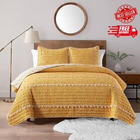 Horimote Home 445040045070 Boho Style Yellow Queen Quilt Set With Tassle Soft And Lightweight Bedspread