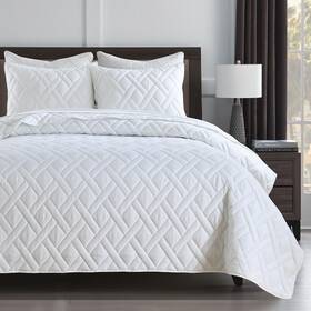 Horimote Home 727522061387 Quilt Set King Size White Classic Geometric Diamond Stitched Pattern Ultra