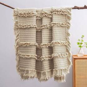 Horimote Home 759973413507 Ultra Soft Pre-washed Quilted Boho Beige Twin Size Blankets For Bed Ruffle F
