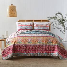 Horimote Home 759973703301 Boho Style King Quilt Set Reversible Bohemian Floral Strip Beddding